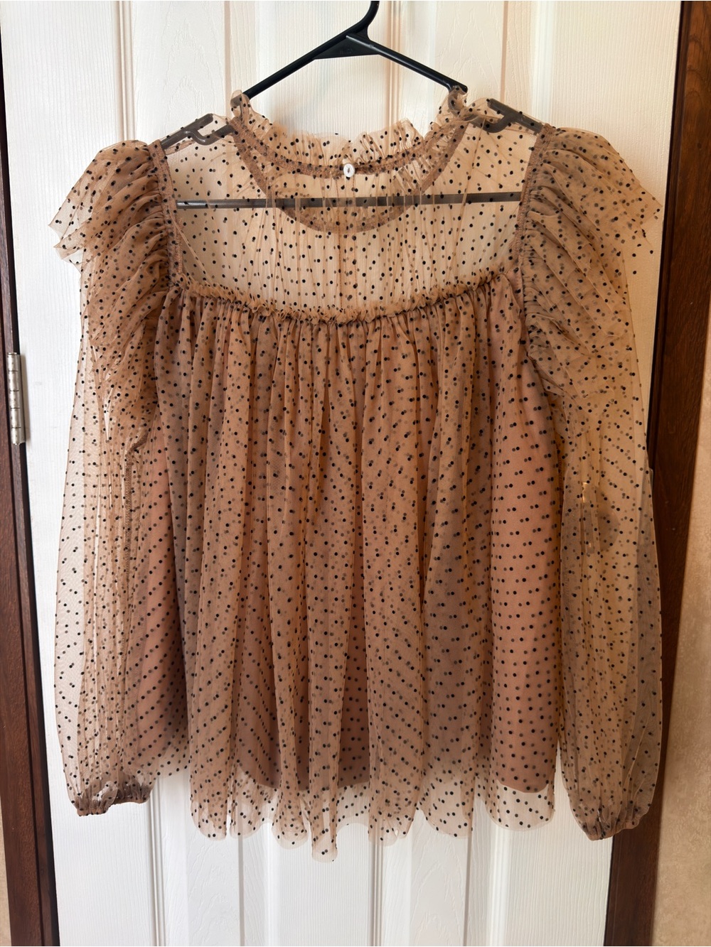entro Taupe Sheer Polka Dot Ruffle Sleeve Blouse - Picture 3 of 4